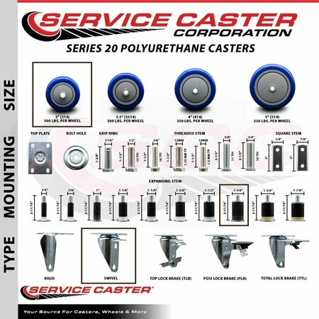 Service Caster 3'' SS Blue Poly Wheel Swivel 1-5/8'' Expanding Stem Caster SCC-SSEX20S314-PPUB-BLUE-158